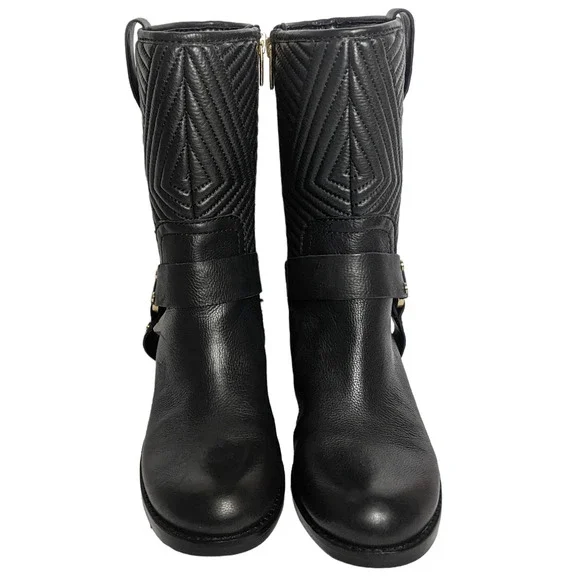 Vince Camuto 6 black leather Waldan boots motorcycle boots gold strap buckle - Picture 2 of 6